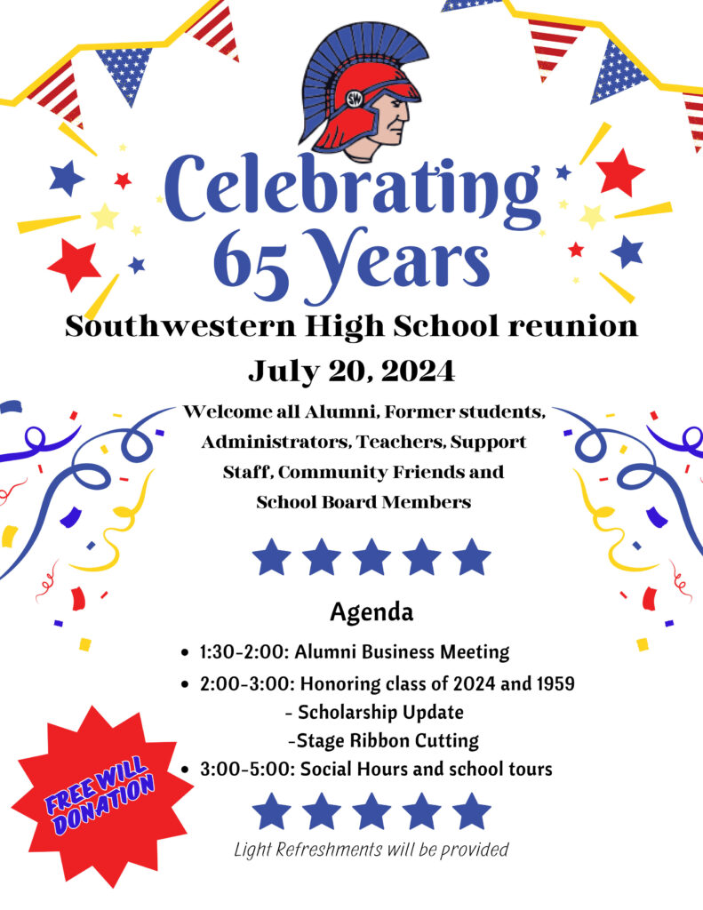 Flyer for Southwestern High School Reunion, July 20, 2024. All Alumni welcome, Celebrating 65 Years. Spartan Mascot Image. 